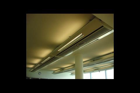 Daylight-linked flurorescent lights within the chilled beams are controlled by presence detection